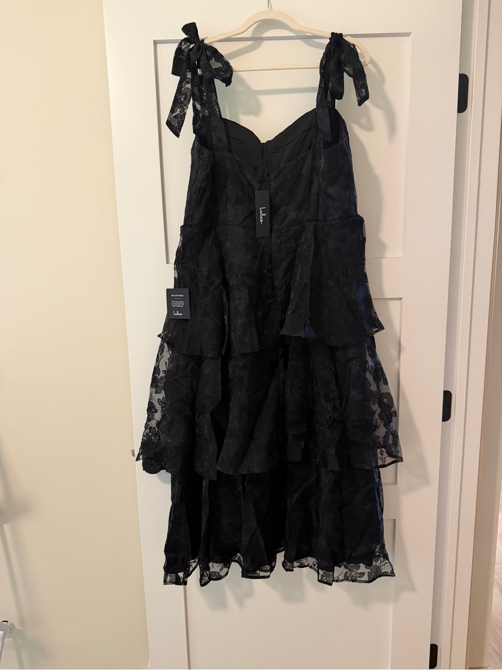 Lulu's Black Ruffled Lace Party Dress with Tie Straps - Picture 4 of 5